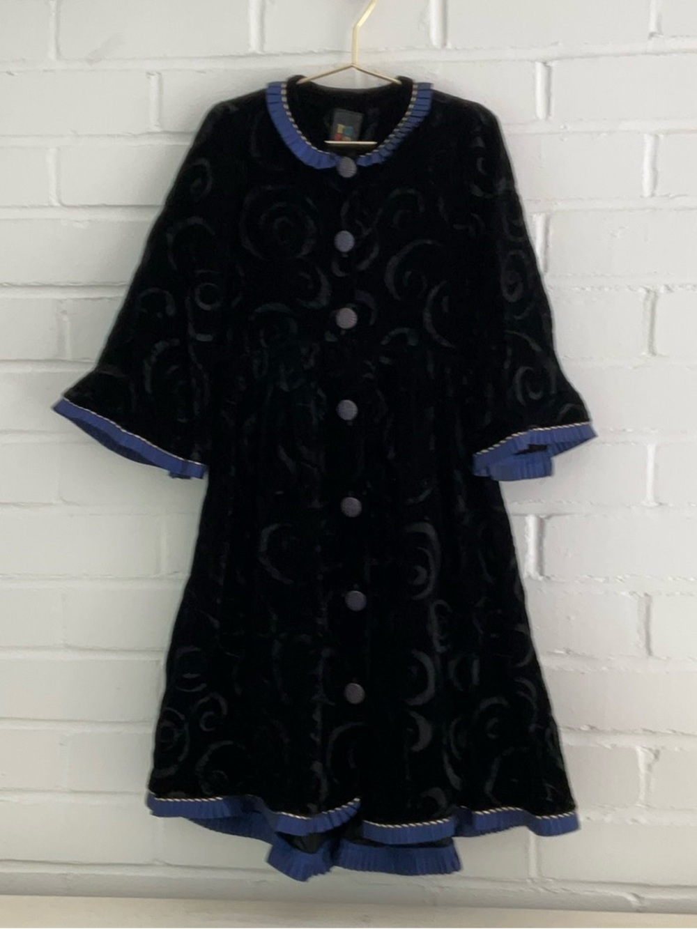Girls Size 6X Fancy Black Velvet Button-Front Coat Dress Blue Pleated Trim